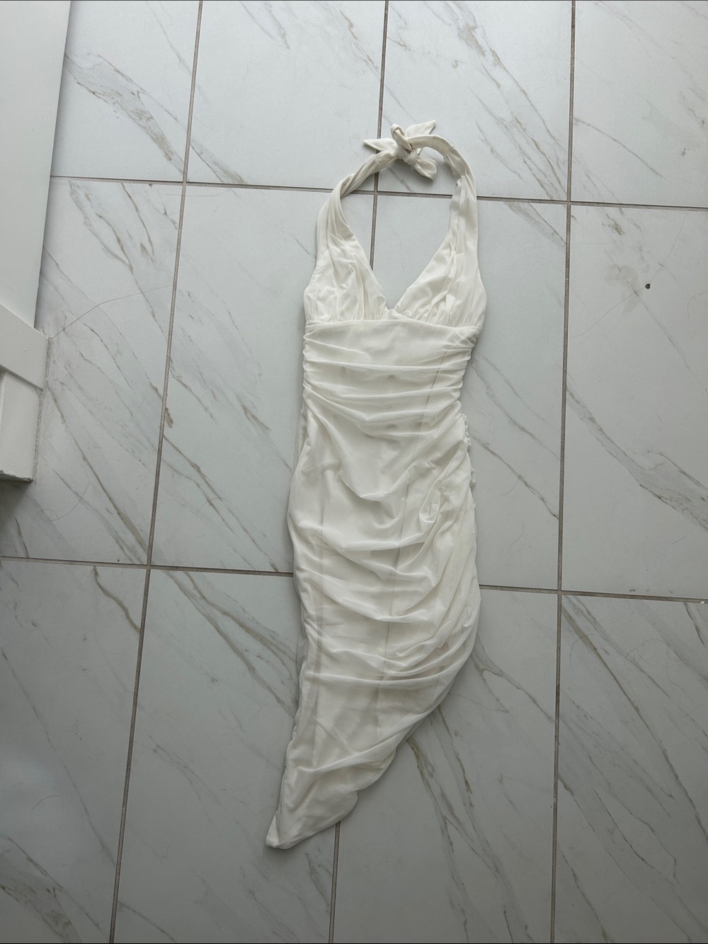 Oh Polly Ivory Asymmetrical Halter Ruched Dress